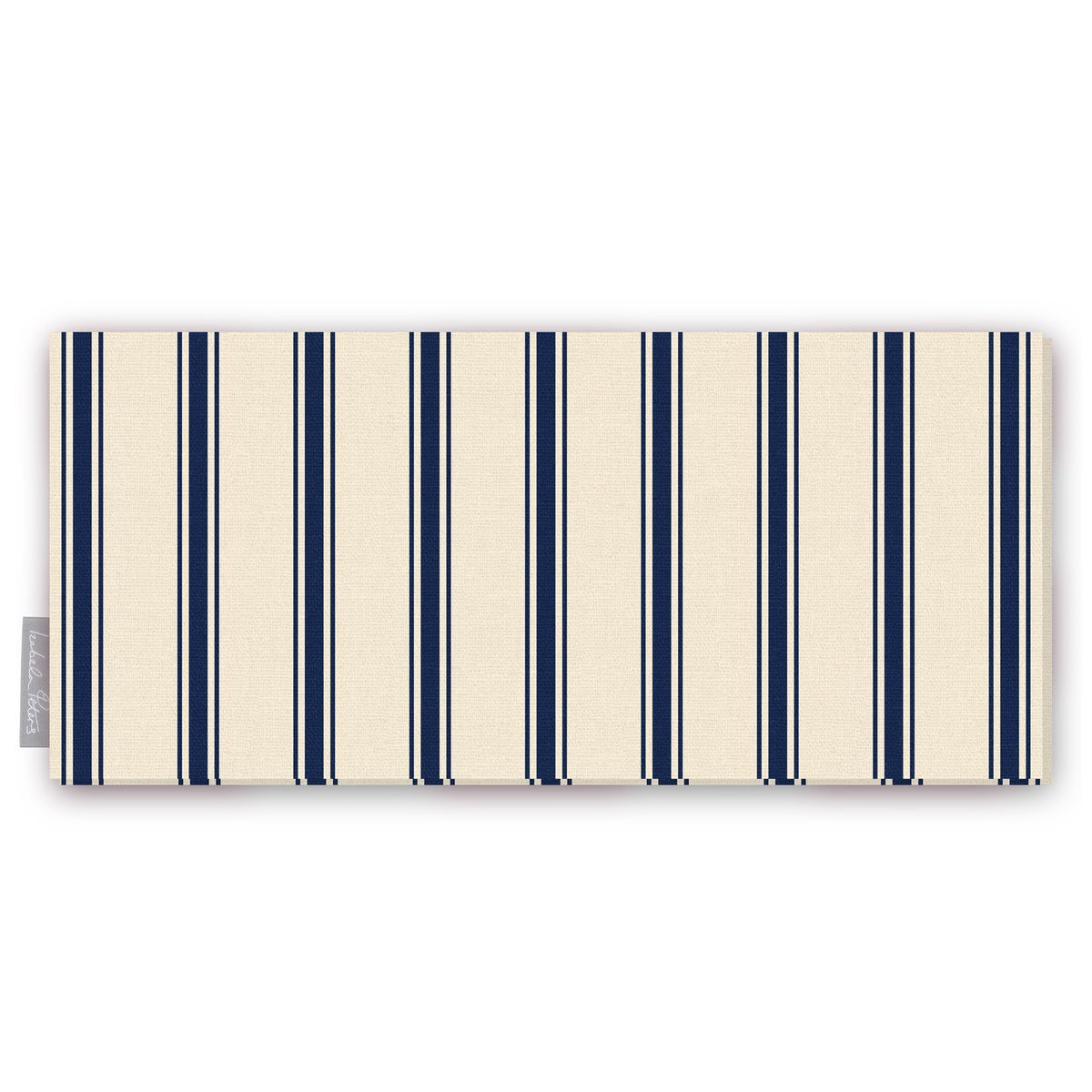Ticking Stripe Christmas table runner in navy on ivory, folded on white, showing fine ticking stripes
