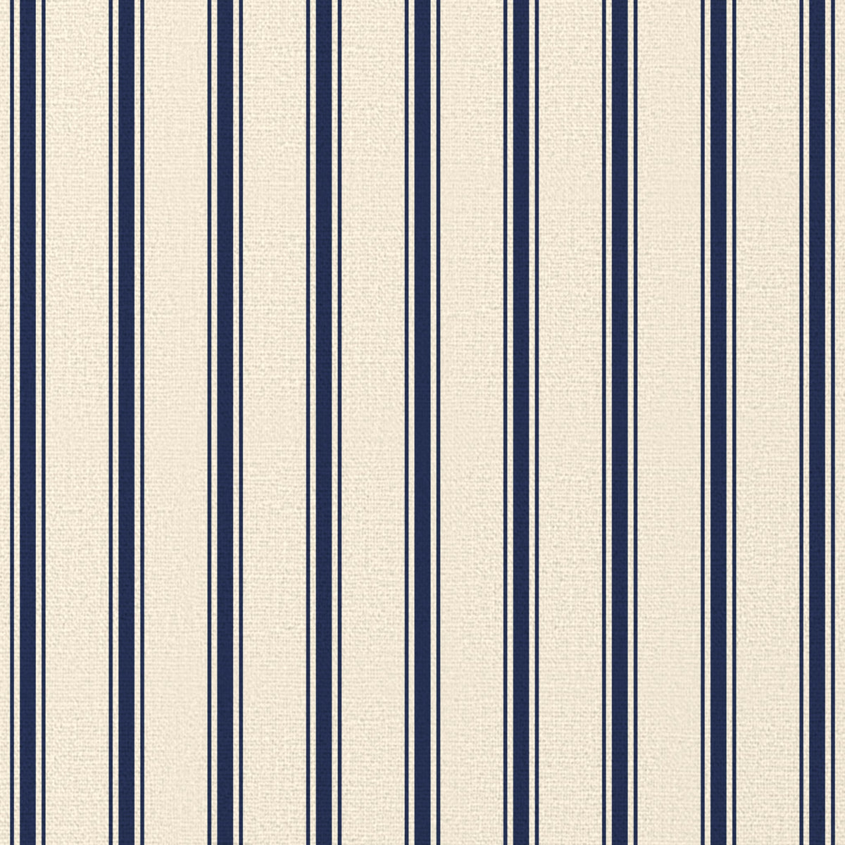 Close-up of the Ticking Stripe Christmas table runner print in navy on ivory cotton, showing fine ticking stripes