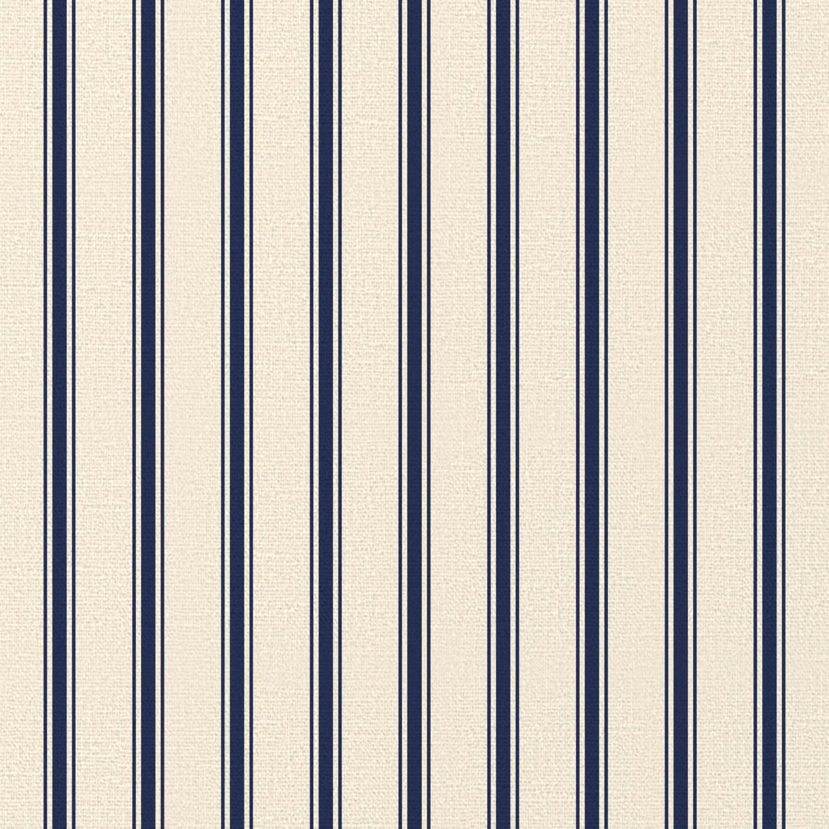 Close-up of the Ticking Stripe Christmas tablecloth print in navy on ivory cotton, showing fine ticking stripes