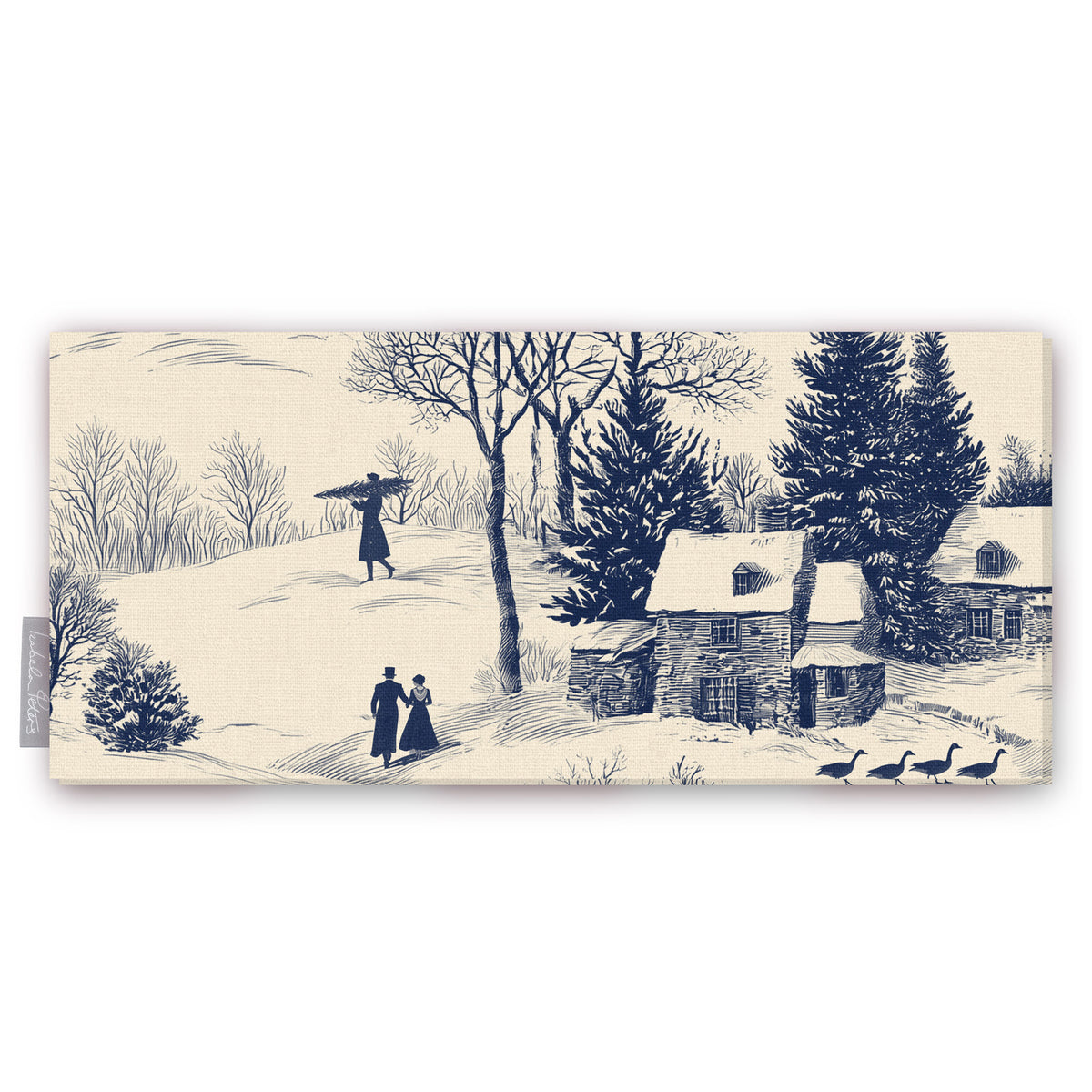 Village Toile Christmas table runner in navy on ivory, folded on white, showing villagers and cottages in the snow