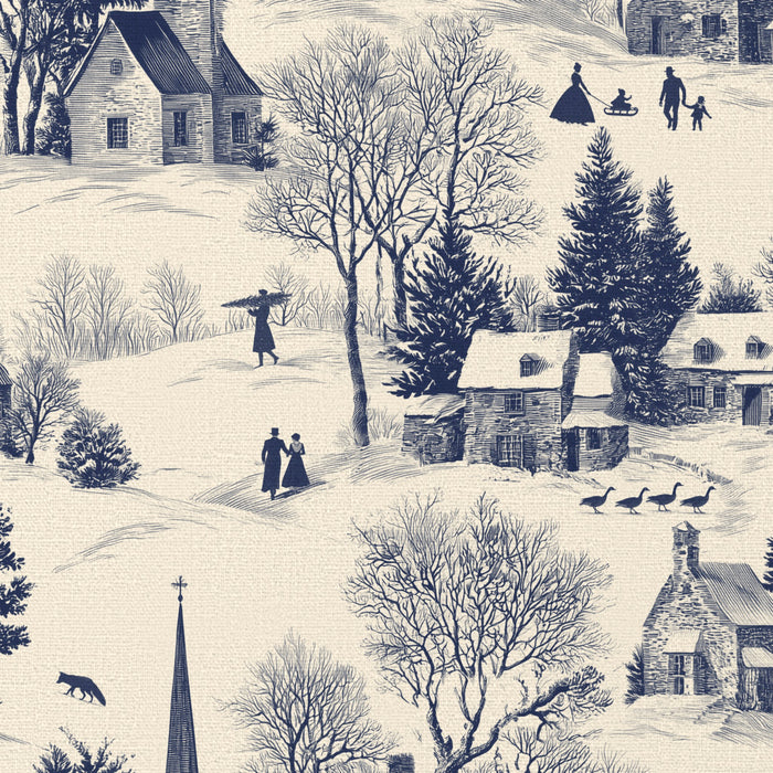 Close-up of the Village Toile Christmas tablecloth print in navy on ivory cotton, showing a snowy village