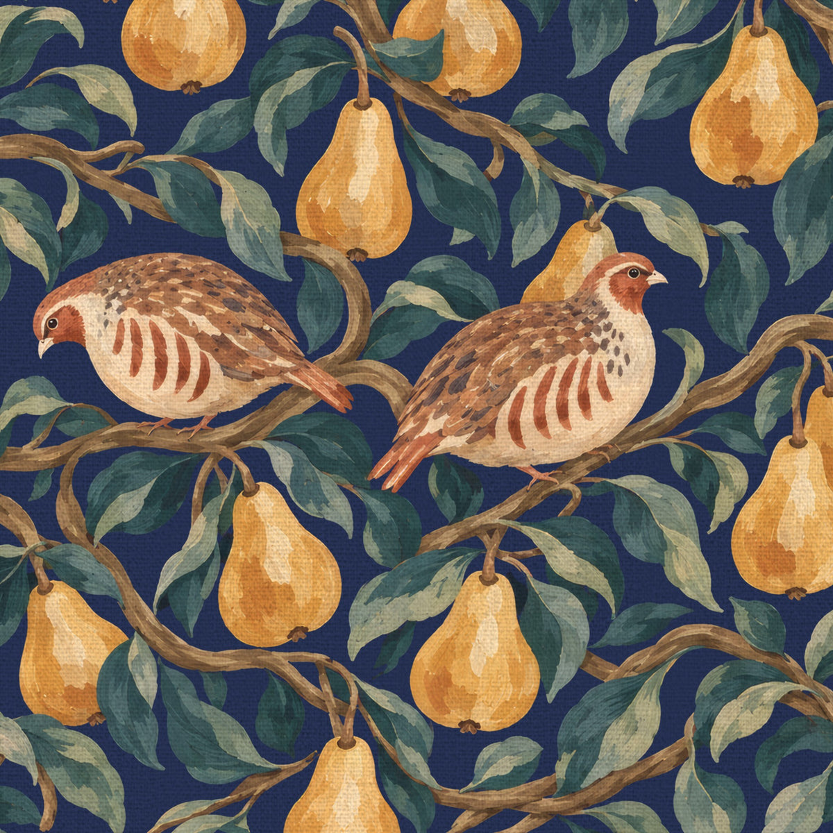 Close-up of the navy Partridge and Pear Christmas napkin print on cotton, showing partridges among pears and leaves