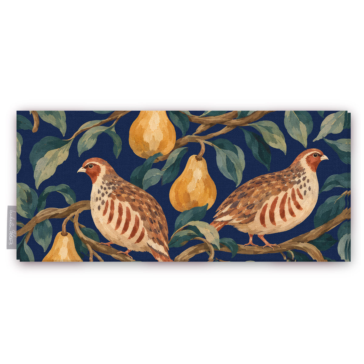 Navy Partridge and Pear Christmas table runner folded on white, showing a partridge among pears and leaves