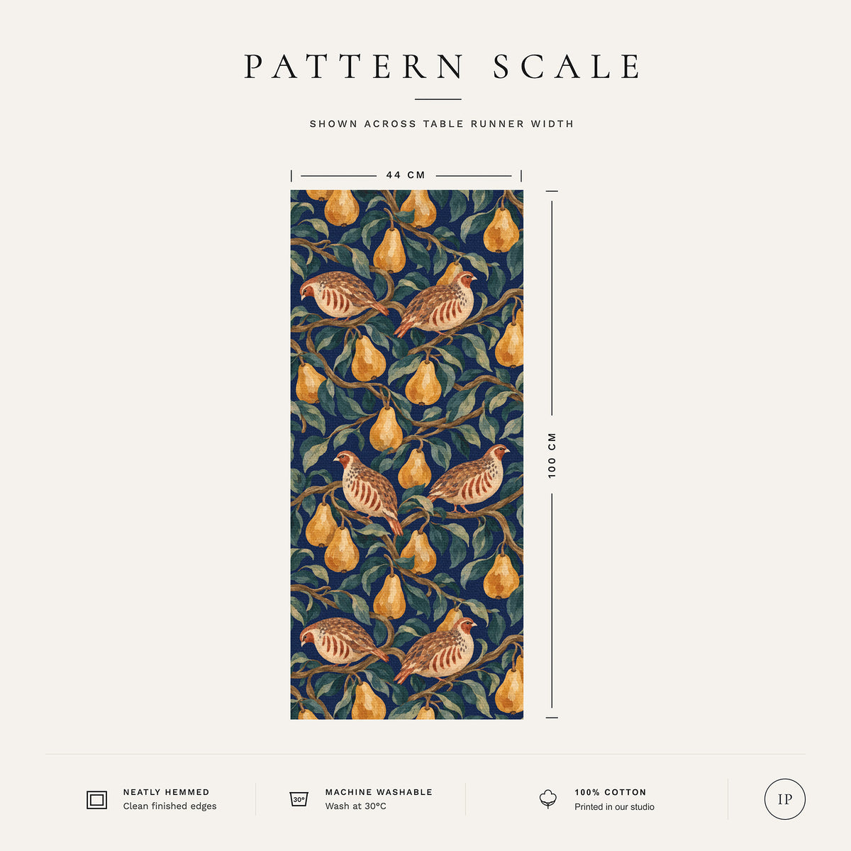 Pattern scale of the Partridge and Pear Christmas table runner in navy across its 44 cm width, with care notes