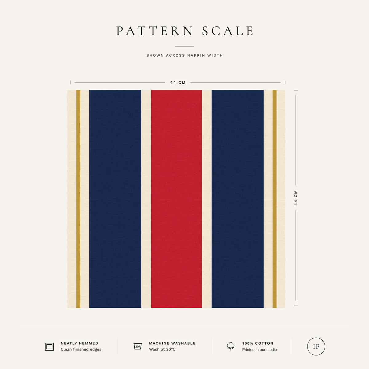 Navy, red and burgundy Signature Stripe Christmas napkin pattern scale, showing the full 44 cm by 44 cm design.