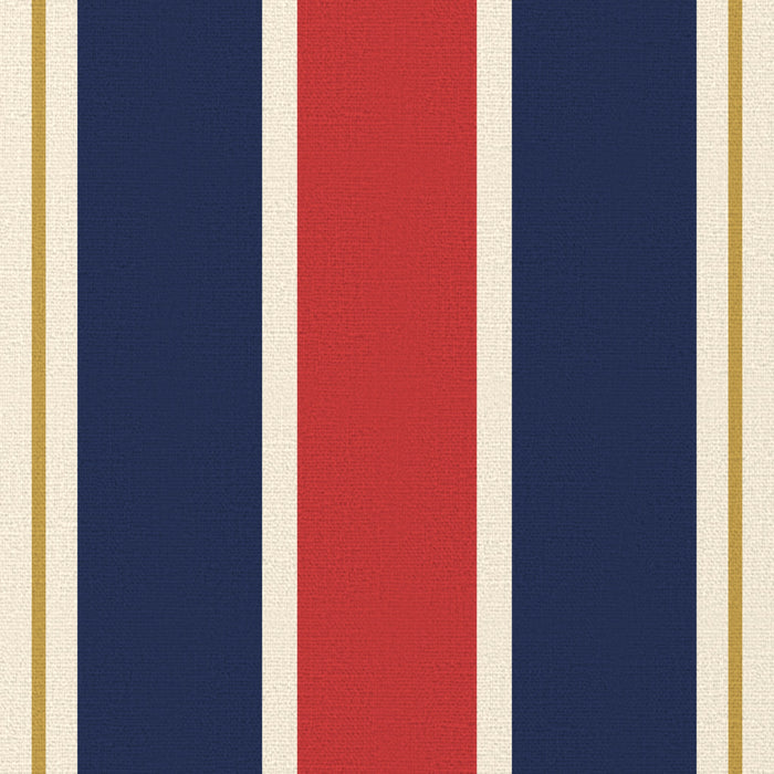 Close-up of the Signature Stripe Christmas table runner print in navy, red and burgundy on cotton, showing broad stripes