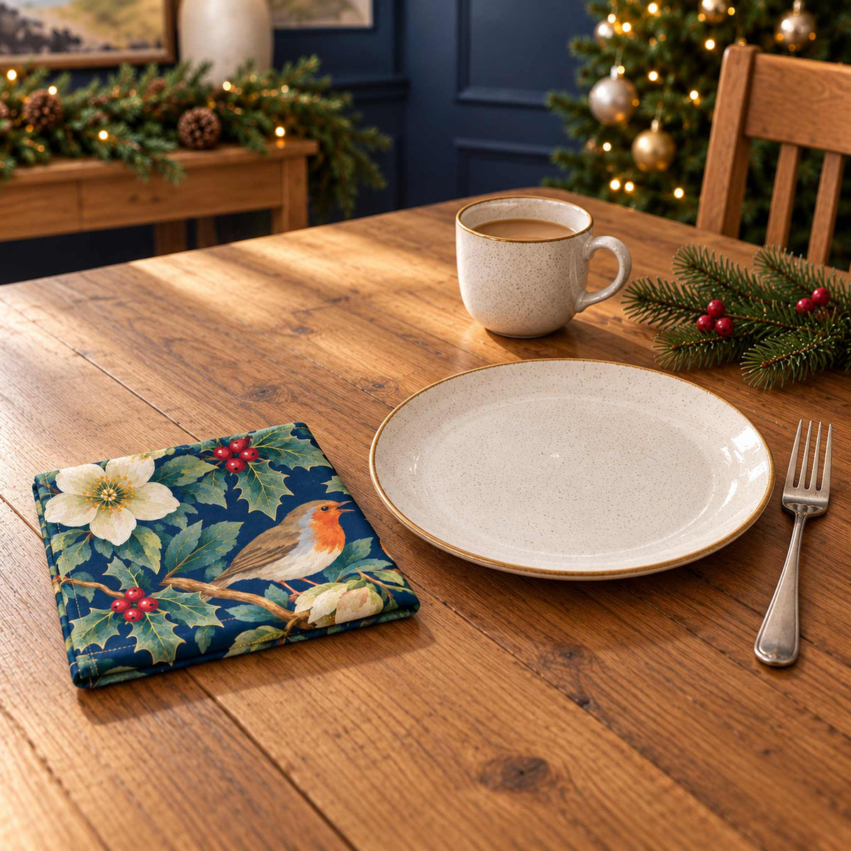 Navy Robins and Christmas Roses cotton napkin in a compact square fold beside a dinner plate and coffee cup on a wooden table in daylight.