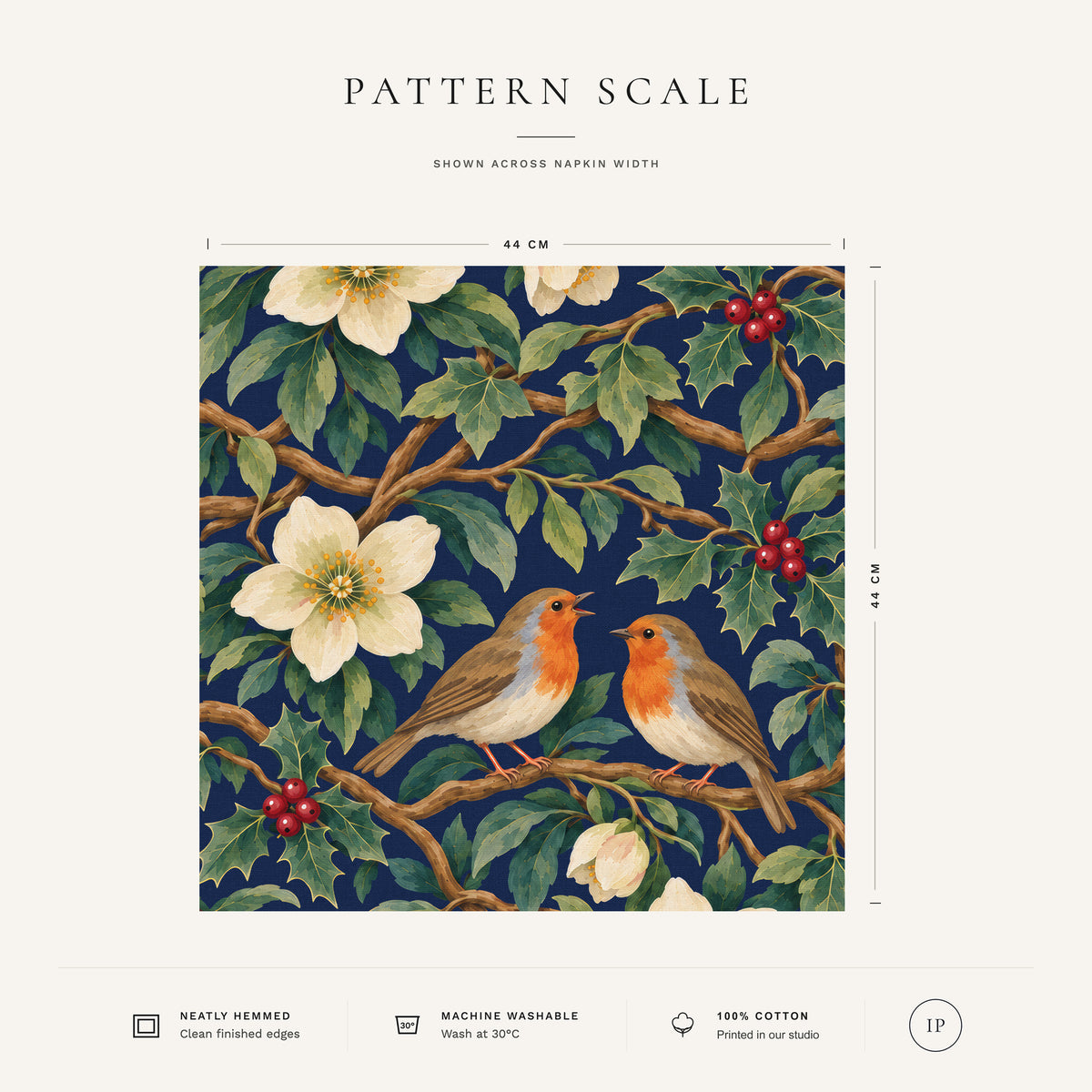 Navy Robins and Christmas Roses Christmas napkin pattern scale, showing the full 44 cm by 44 cm design.