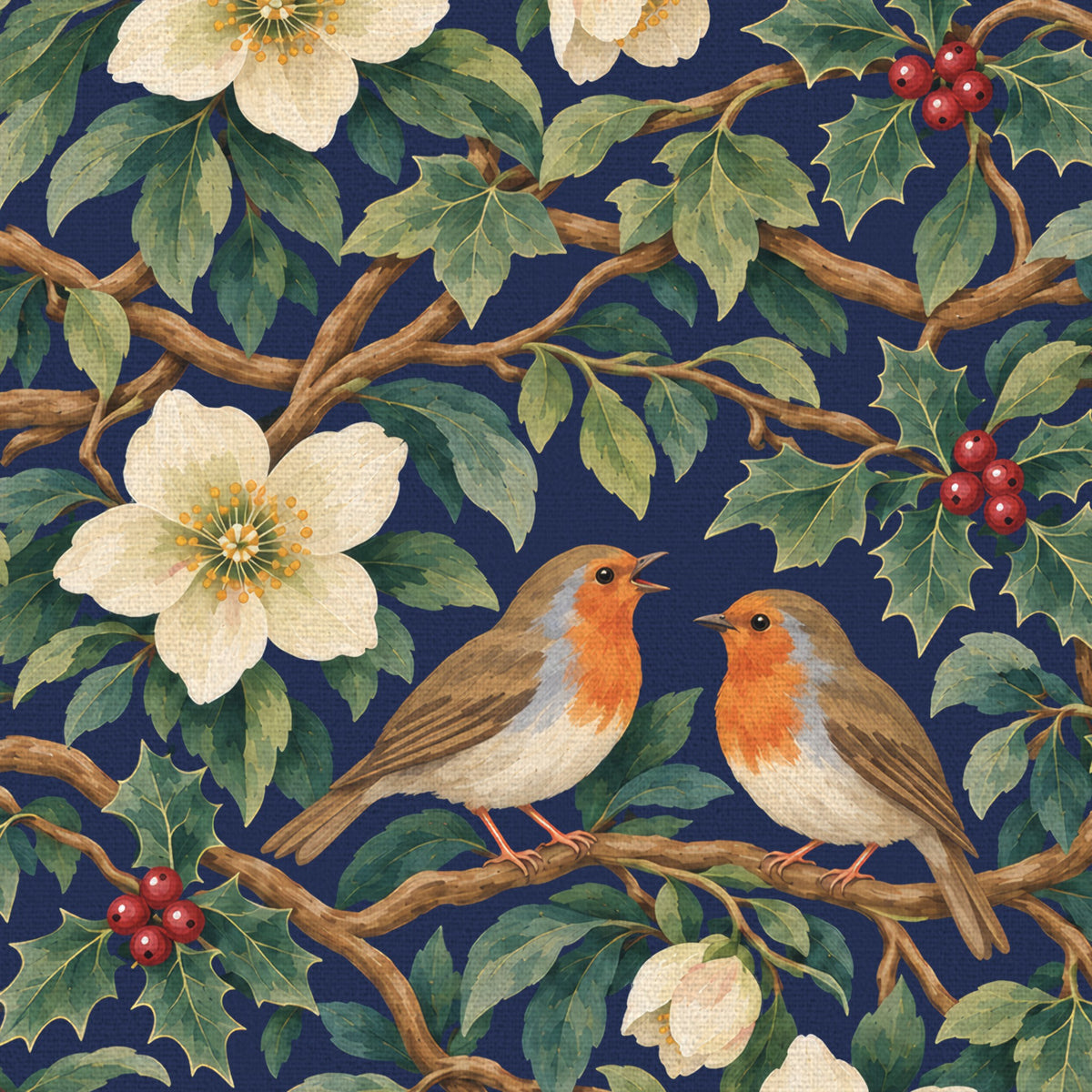 Close-up of the navy Robins and Christmas Roses napkin print on cotton, showing robins, Christmas roses and holly