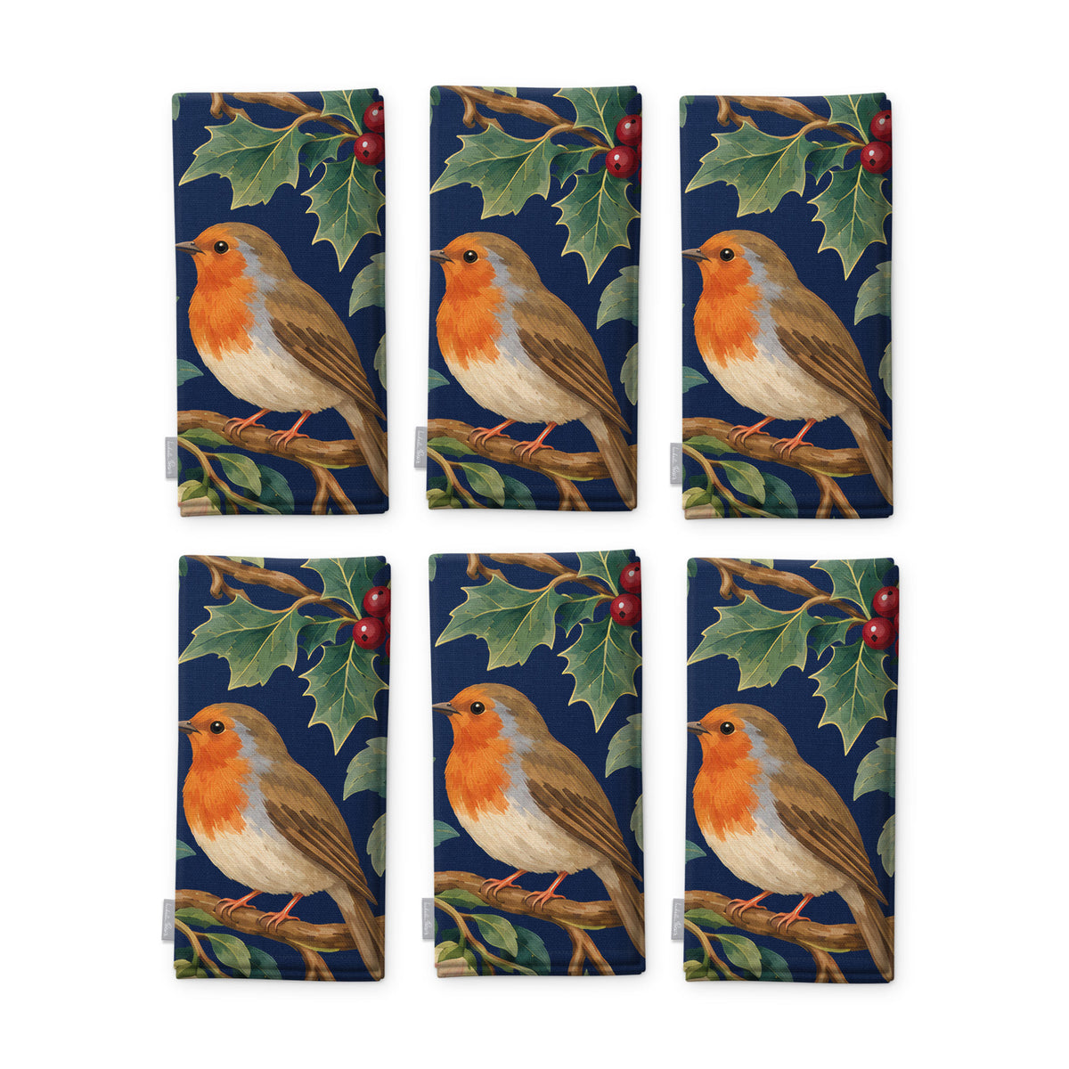 Navy Robins and Christmas Roses Christmas napkins, set of six, folded on white, showing the same robin under a sprig of holly