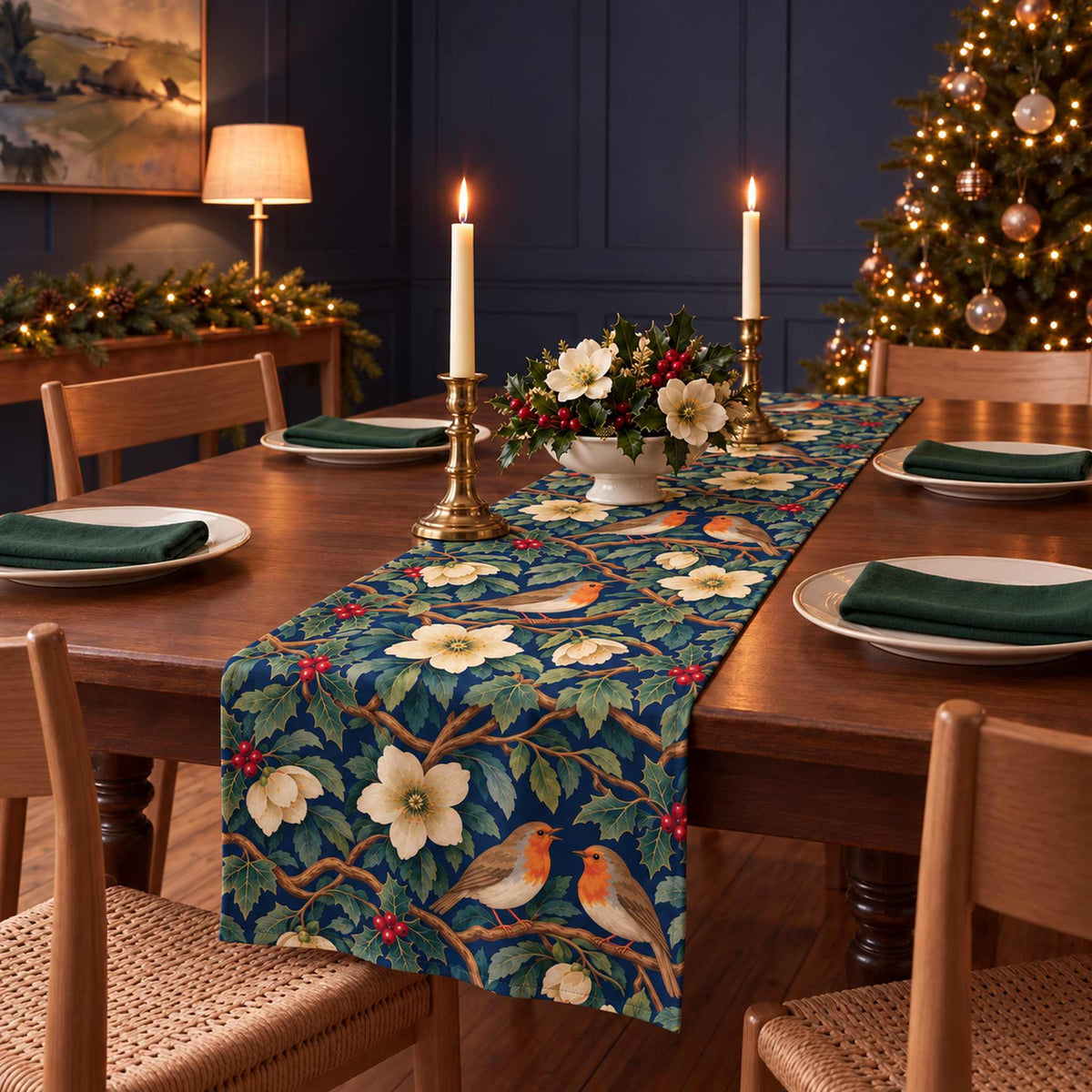 Robins and Christmas Roses Christmas table runner in Navy, styled on a wooden table with a softly draped end in a candlelit Christmas room.