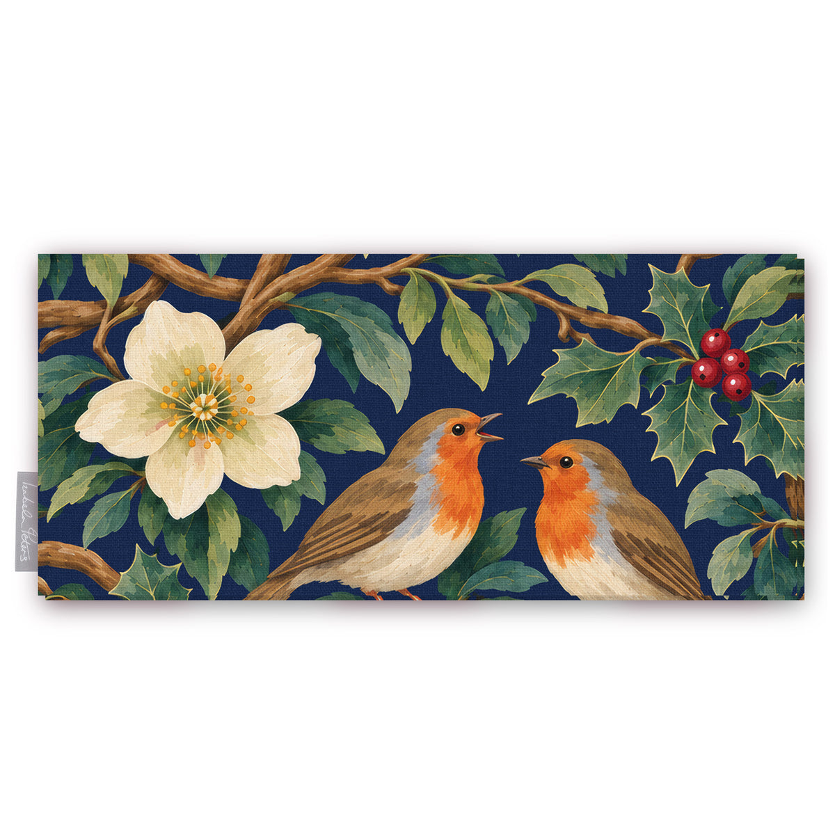 Navy Robins and Christmas Roses Christmas table runner folded on white, showing a Christmas rose and two robins