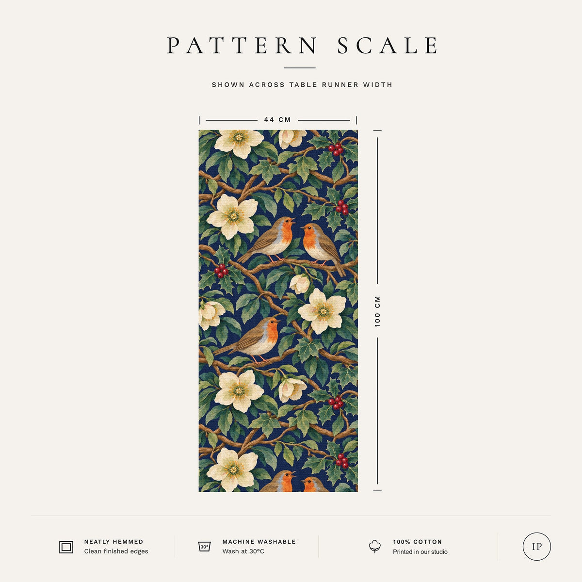 Pattern scale of the Robins and Christmas Roses Christmas table runner in navy across its 44 cm width, with care notes