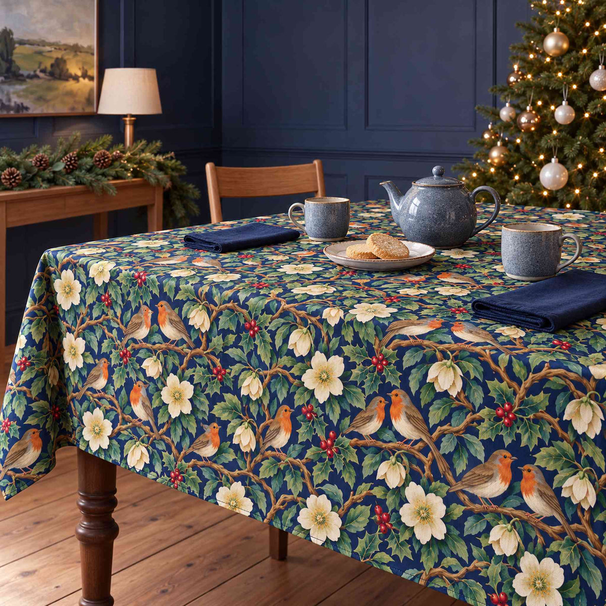 Navy Robins and Christmas Roses Christmas tablecloth draped over a dining table with a blue-grey tea set, shortbread and navy napkins in winter daylight.