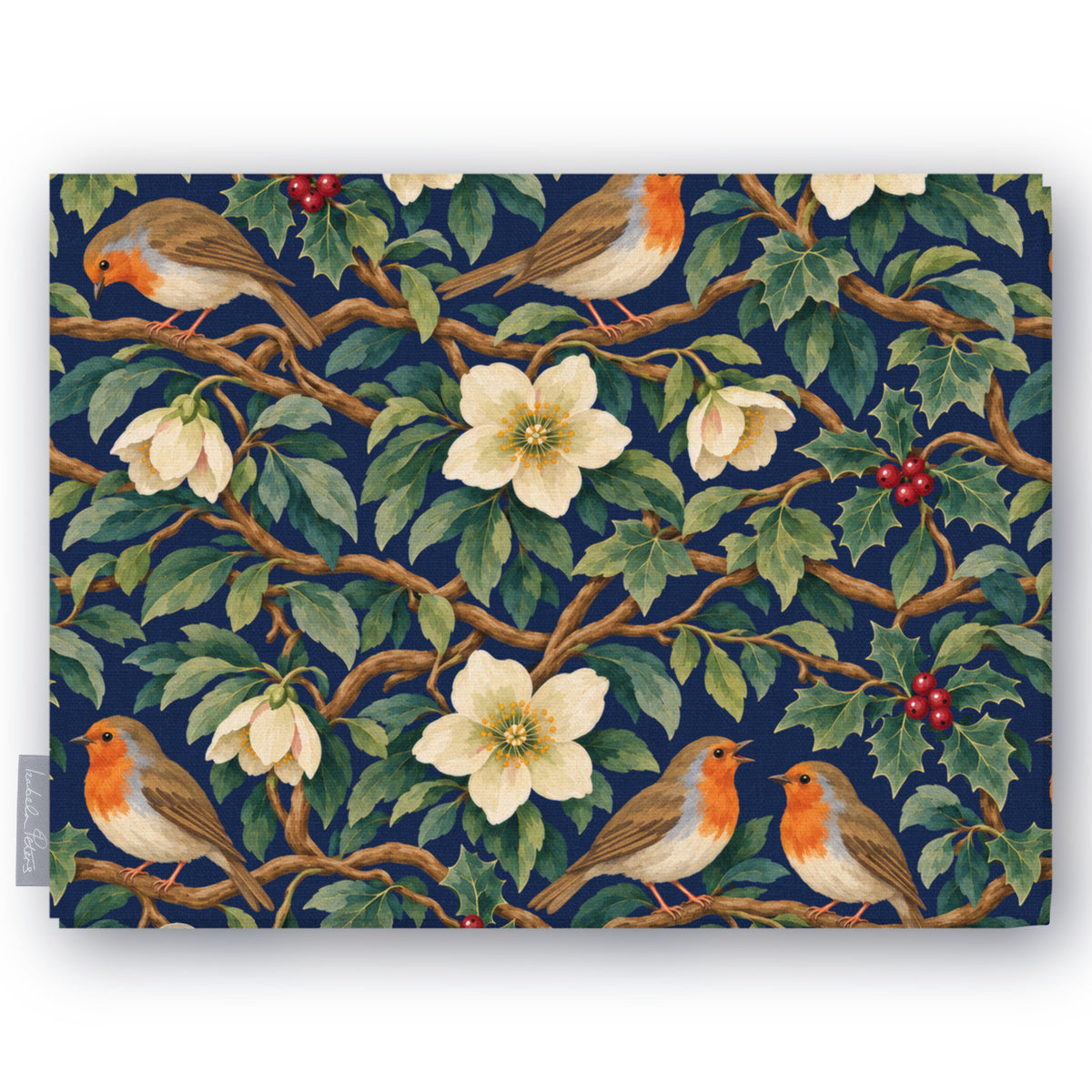 Navy Robins and Christmas Roses Christmas tablecloth folded on white, showing robins, Christmas roses and holly