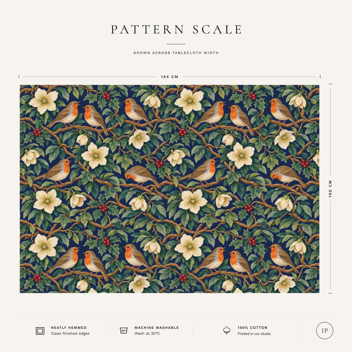 Pattern scale of the Robins and Christmas Roses Christmas tablecloth in navy across its 144 cm width, with care notes
