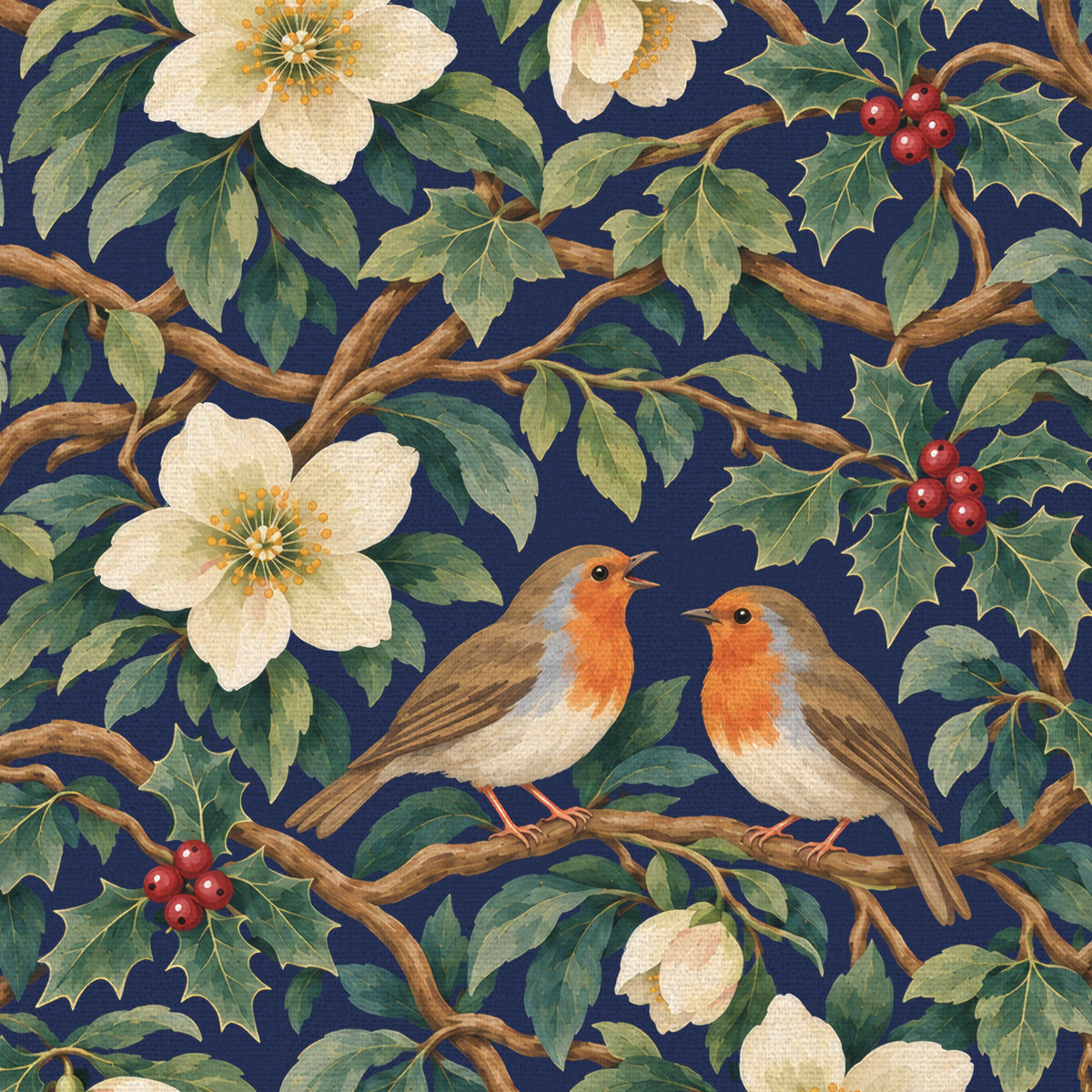 Close-up of the navy Robins and Christmas Roses tablecloth print on cotton, showing robins, Christmas roses and holly