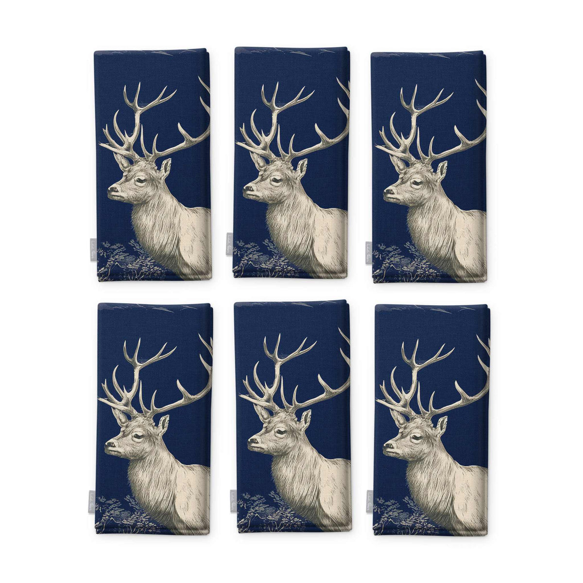 Navy Stag Woodland Christmas napkins, set of six, folded on white, showing the same stag head