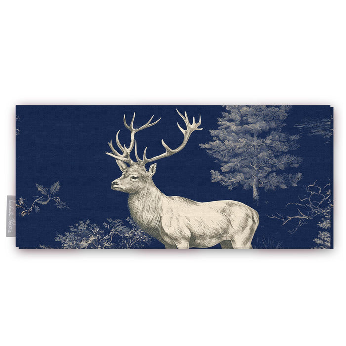 Navy Stag Woodland Christmas table runner folded on white, with a left-facing stag and fir trees