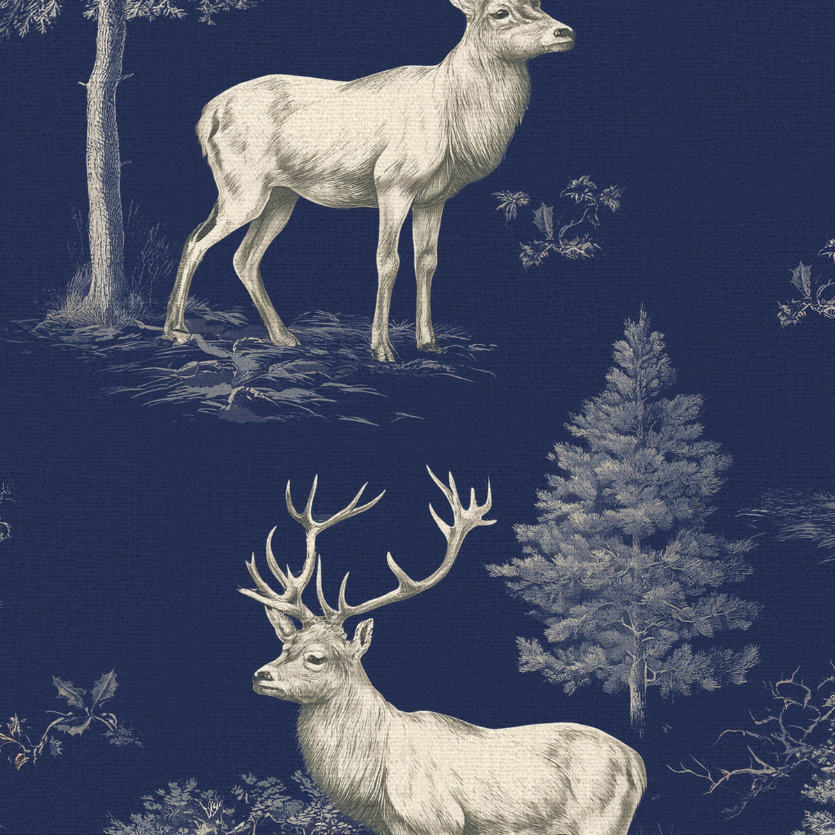 Close-up of the navy Stag Woodland Christmas table runner print on cotton, showing stags among woodland trees