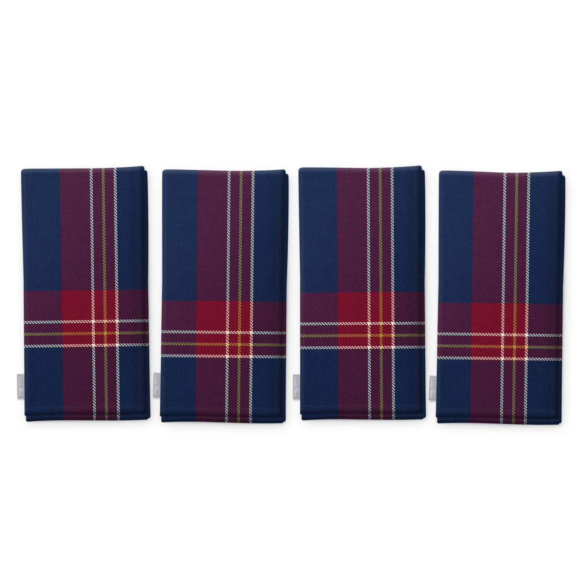 Navy Tartan Christmas napkins, set of four, folded on white, showing the same tartan check