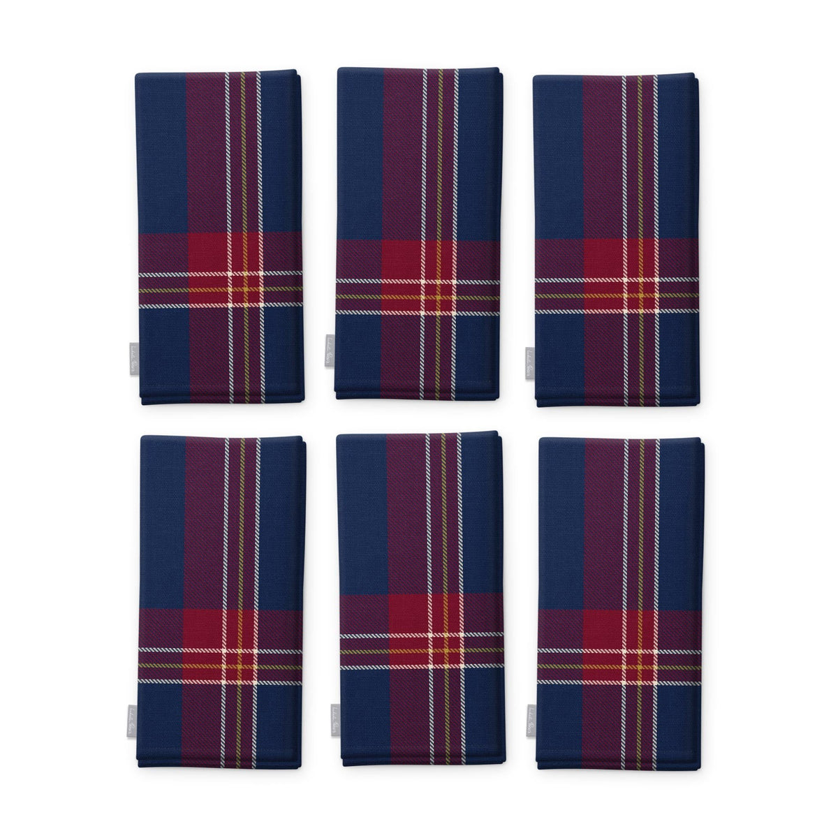 Navy Tartan Christmas napkins, set of six, folded on white, showing the same tartan check