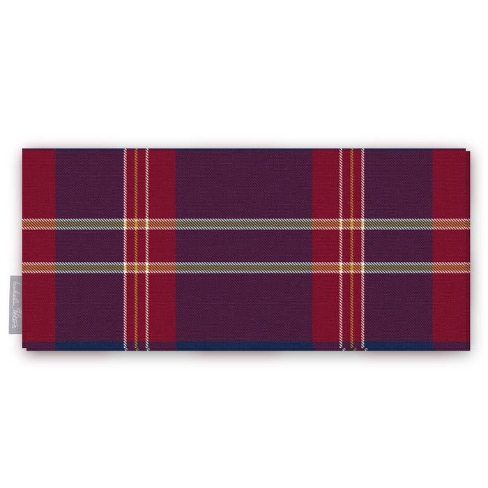 Navy Tartan Christmas table runner folded on white, showing the tartan check