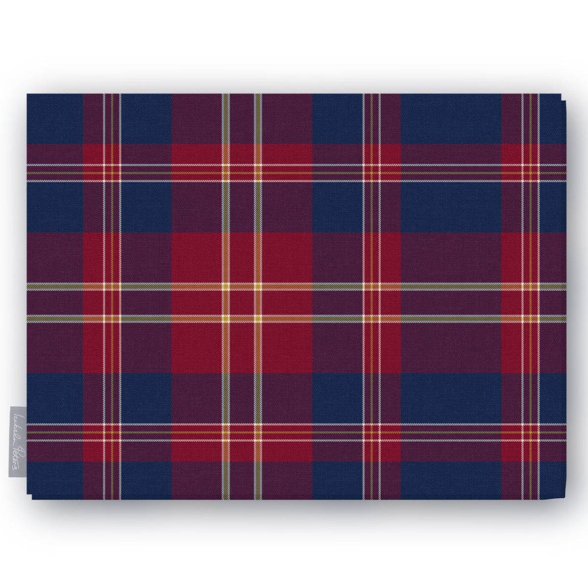 Navy tartan Christmas tablecloth folded on a white background, navy and burgundy with fine ivory and gold lines