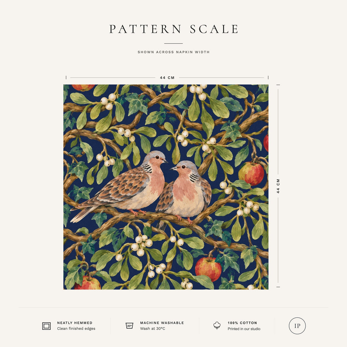 Navy Turtle Doves and Mistletoe Christmas napkin pattern scale, showing the full 44 cm by 44 cm design.