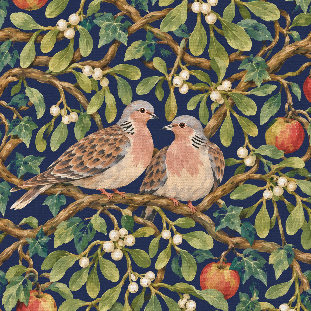 Close-up of the navy Turtle Doves and Mistletoe Christmas napkin print on cotton