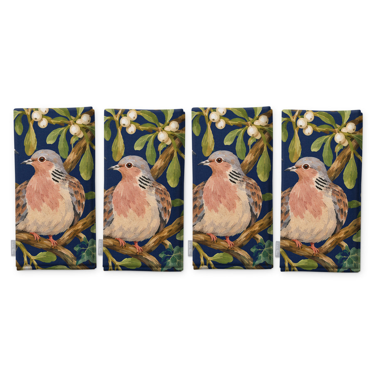 Navy Turtle Doves and Mistletoe Christmas napkins, set of four, folded on white, showing the same turtle dove among mistletoe