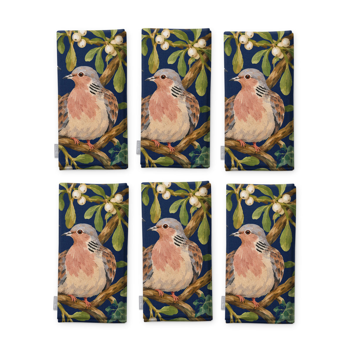 Navy Turtle Doves and Mistletoe Christmas napkins, set of six, folded on white, showing the same turtle dove among mistletoe