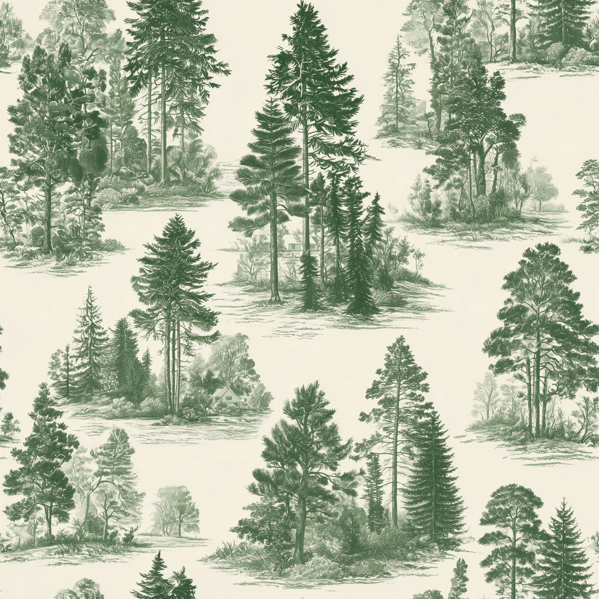 Fir Forest Toile Christmas print: fir and pine woods in green on ivory