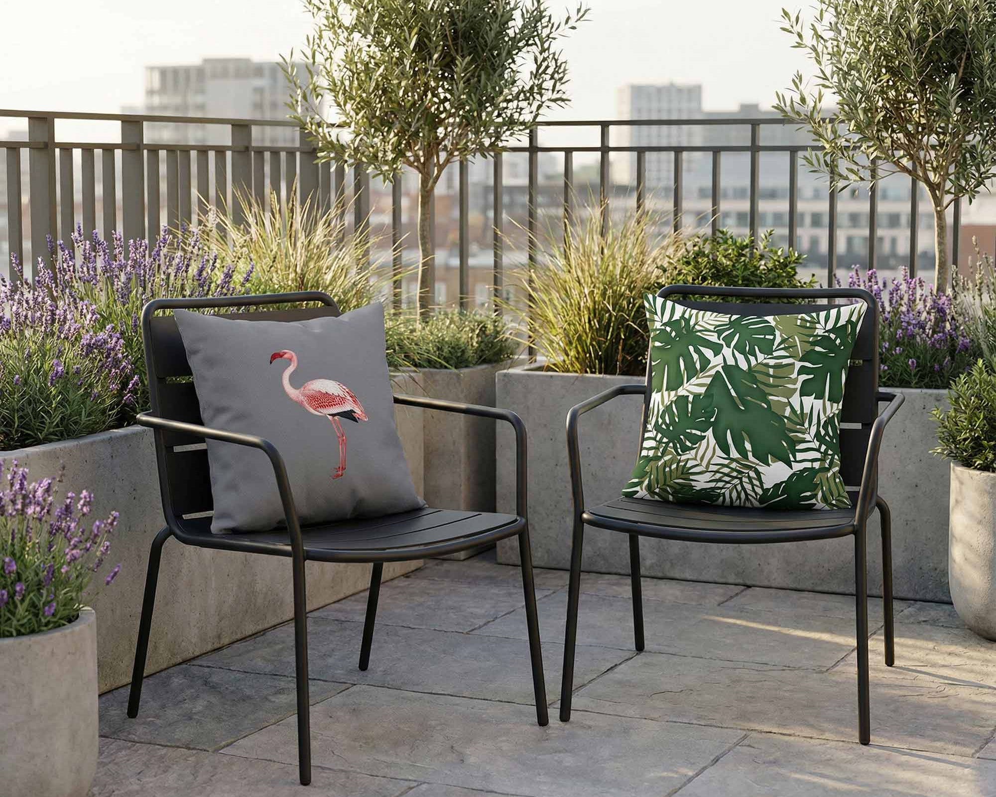 Waterproof outdoor cushions styled on metal garden chairs on a modern balcony