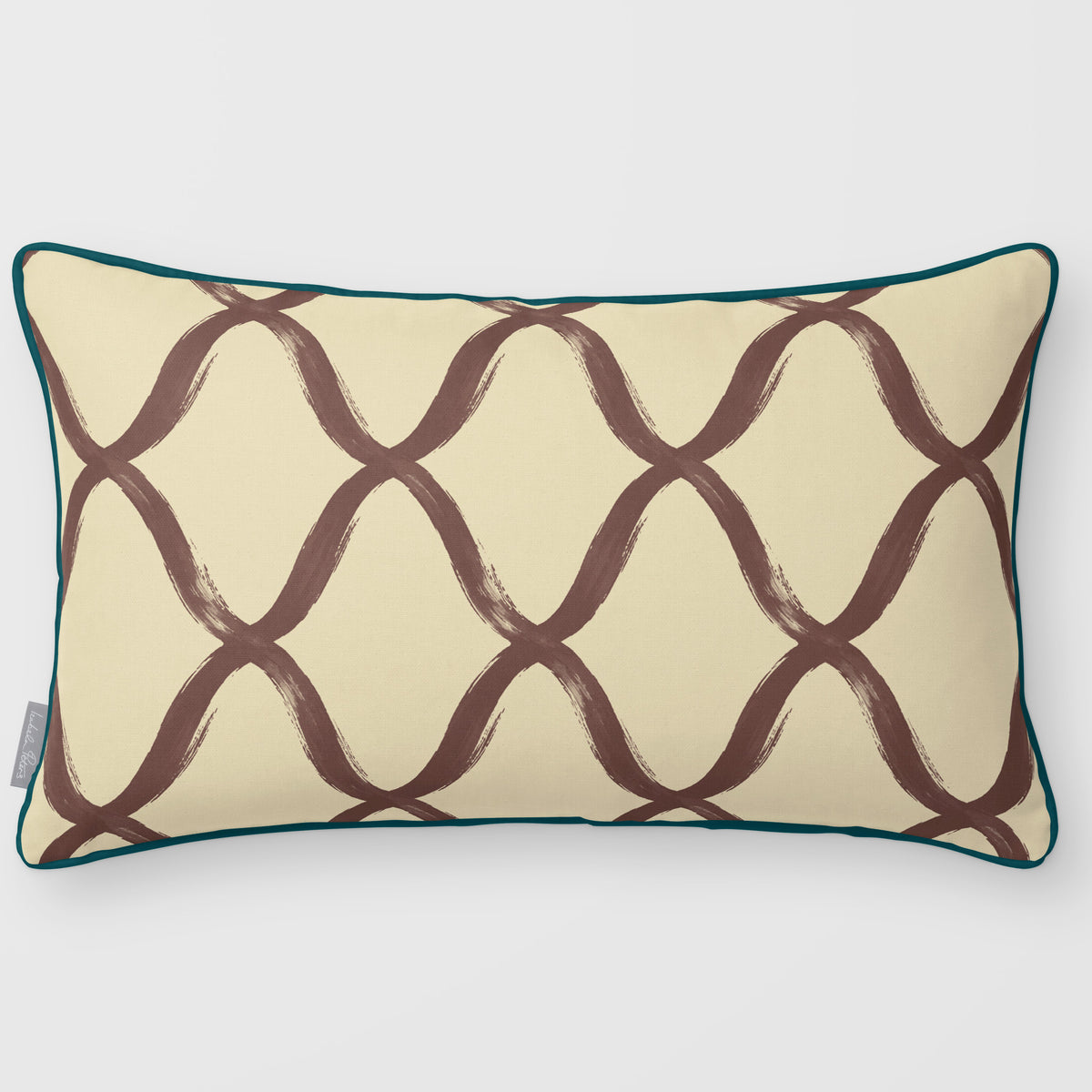 Palace Trellis Cocoa & Teal linen-look 50 × 30 cm rectangular cushion, piped, front view.