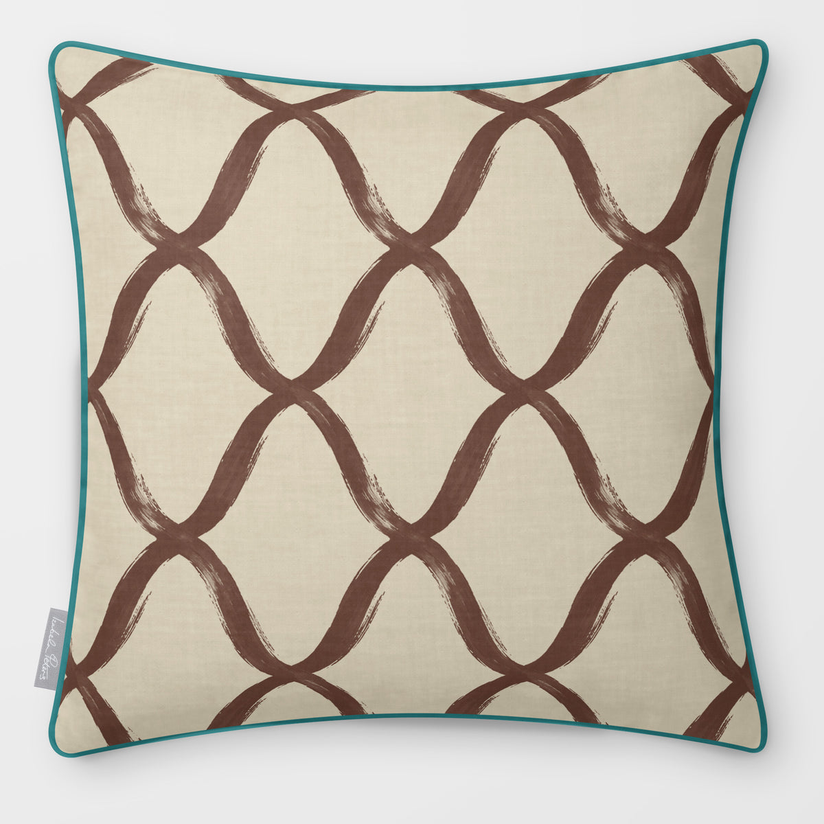 Palace Trellis Cocoa & Teal linen-look square cushion, piped, front view.
