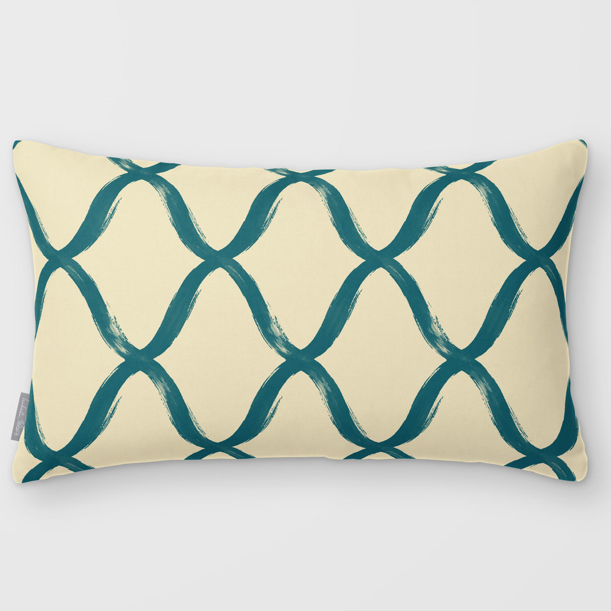 Palace Trellis Ink Blue & Lilac linen-look 50 × 30 cm rectangular cushion, plain sewn edge, front view.