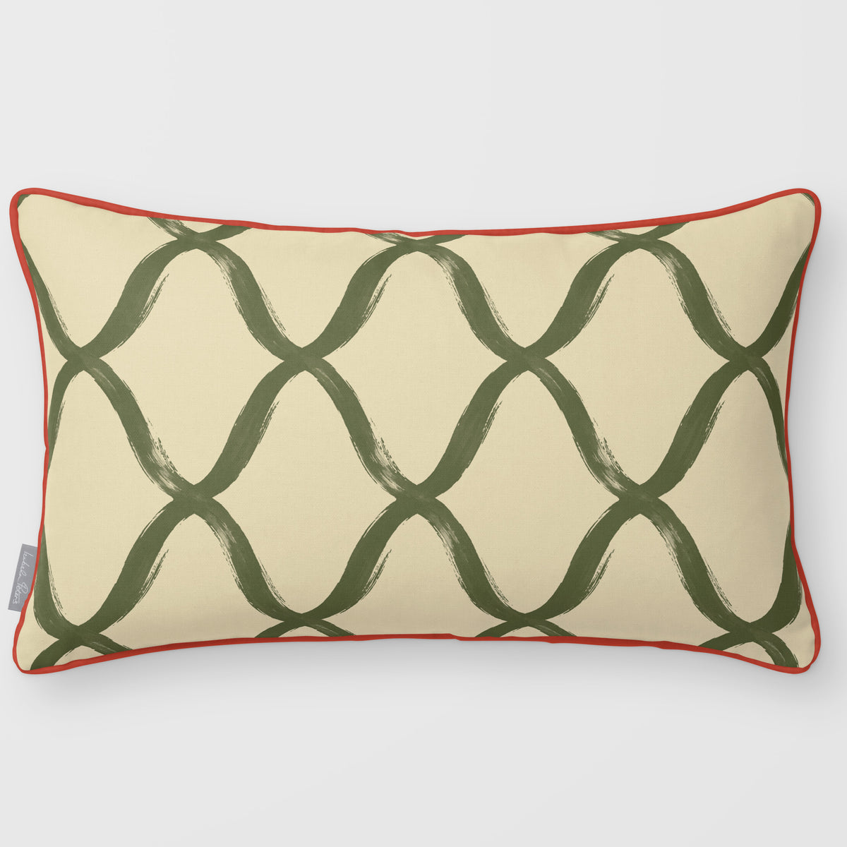 Palace Trellis Olive & Tomato linen-look 50 × 30 cm rectangular cushion, piped, front view.