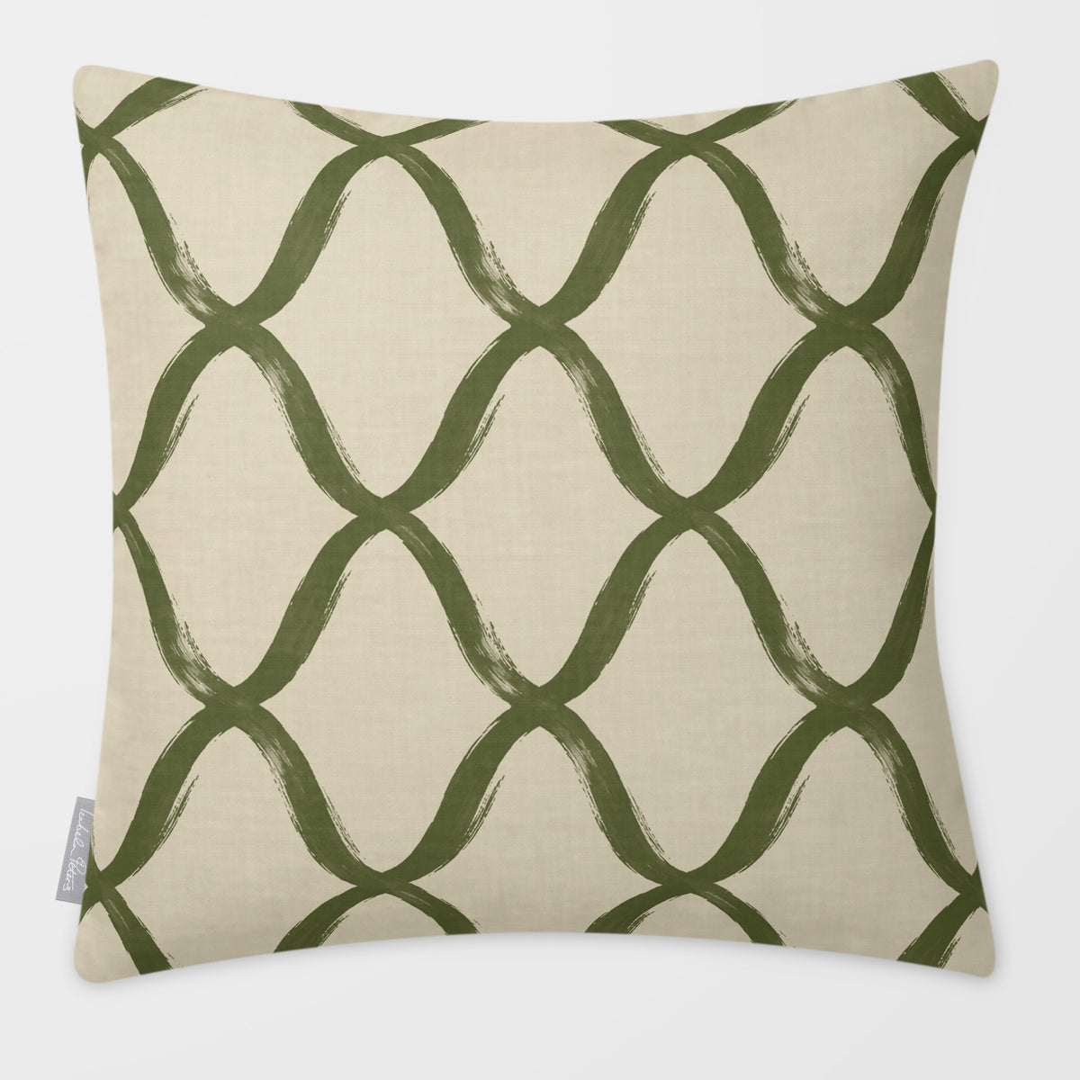 Palace Trellis Olive & Tomato linen-look square cushion, plain sewn edge, front view.