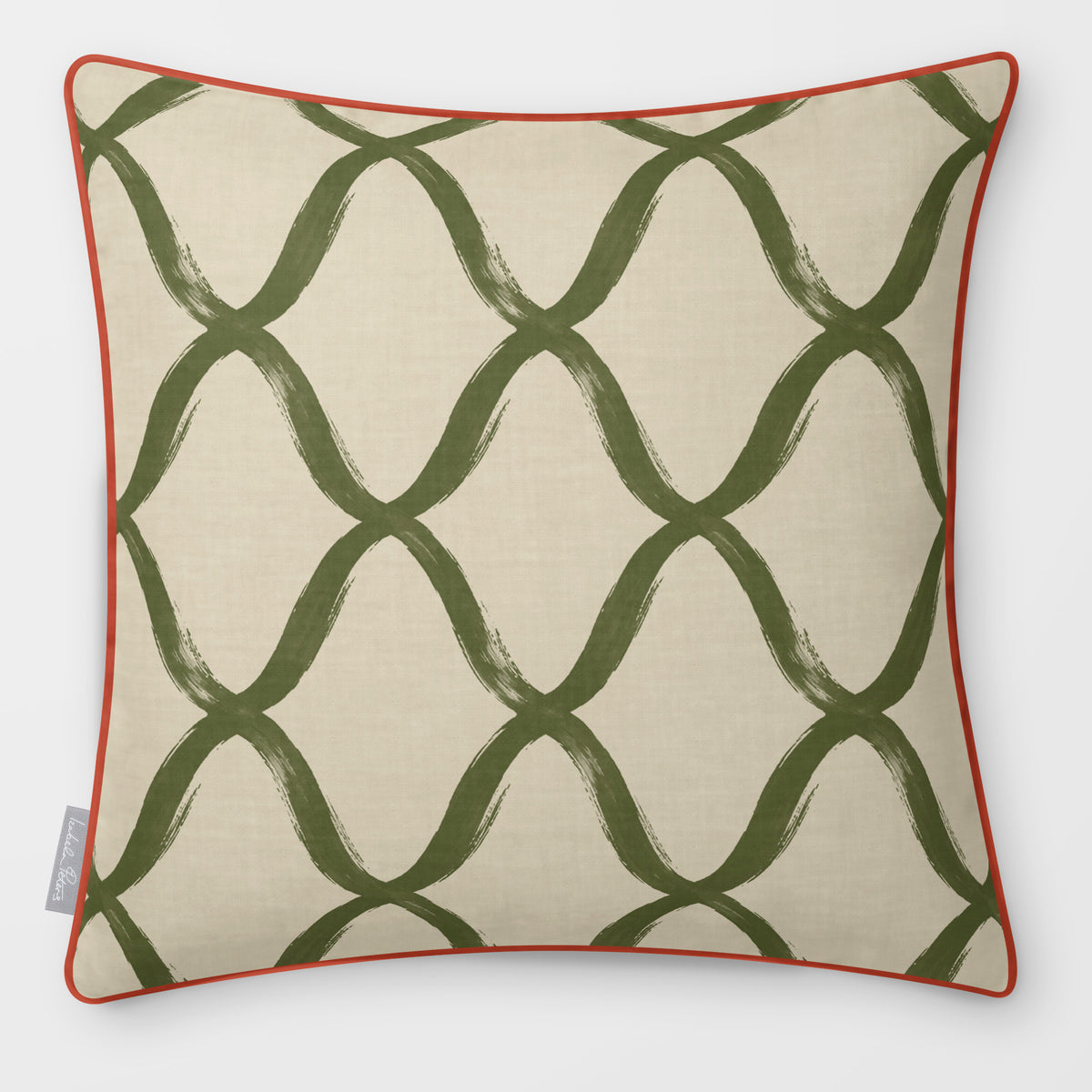 Palace Trellis Olive & Tomato linen-look square cushion, piped, front view.
