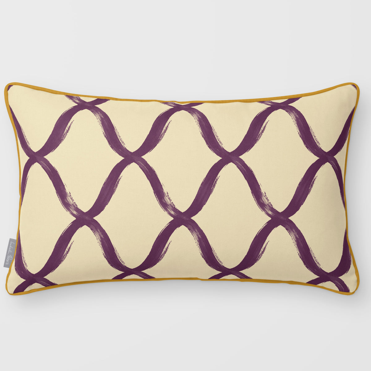 Palace Trellis Plum & Saffron linen-look 50 × 30 cm rectangular cushion, piped, front view.