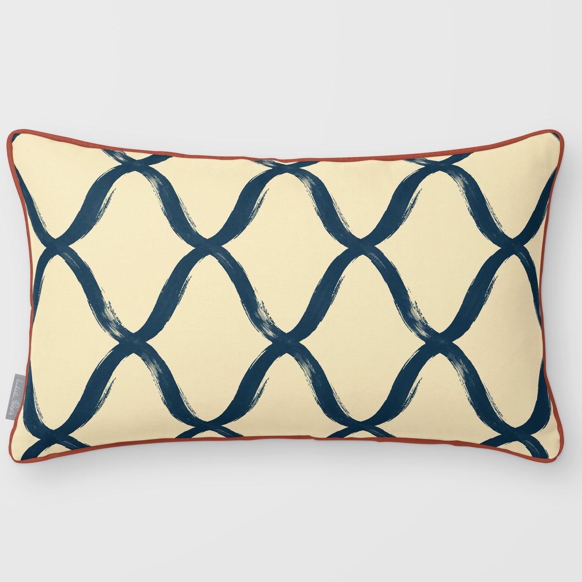 Palace Trellis Teal & Persimmon linen-look 50 × 30 cm rectangular cushion, piped, front view.
