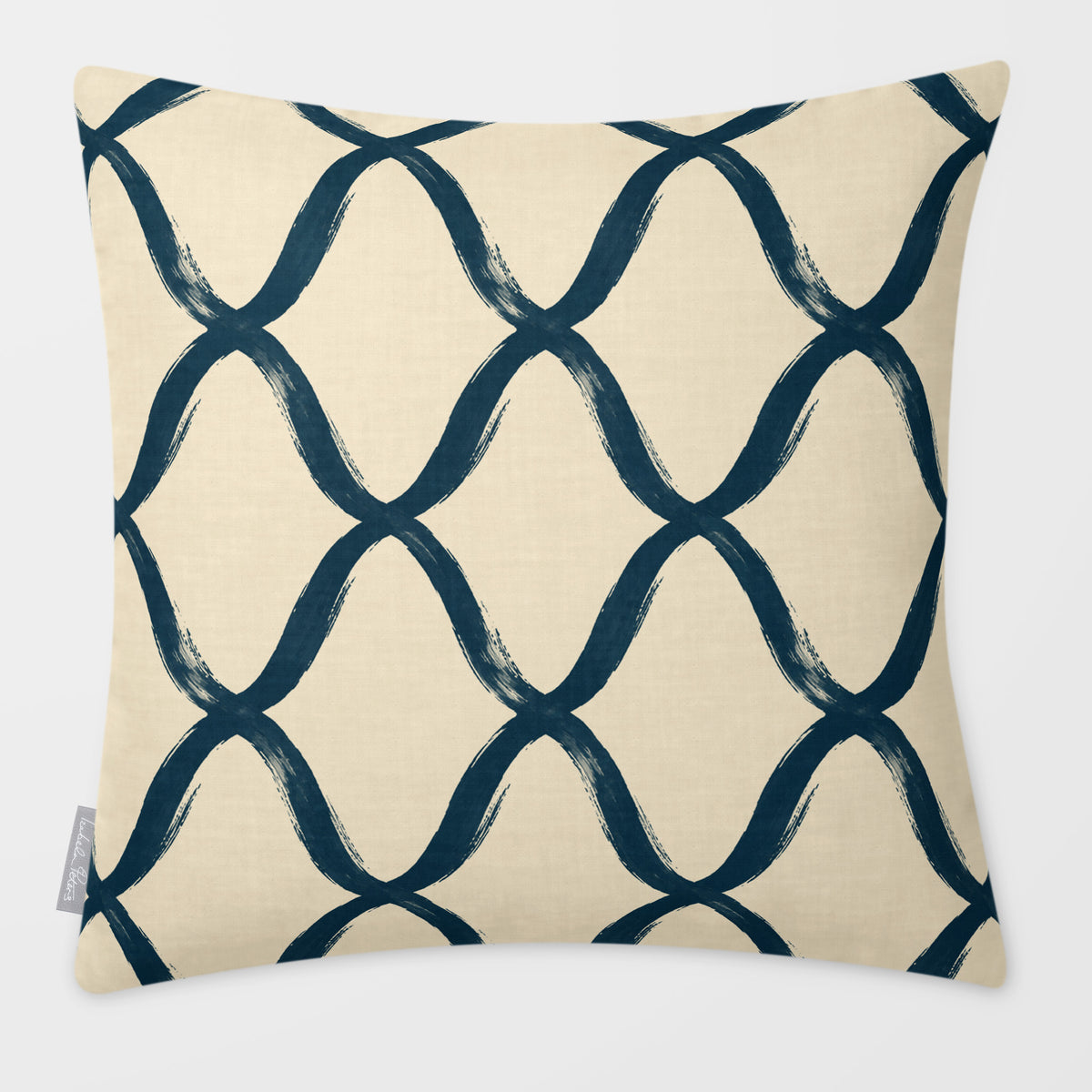 Palace Trellis Teal & Persimmon linen-look square cushion, plain sewn edge, front view.