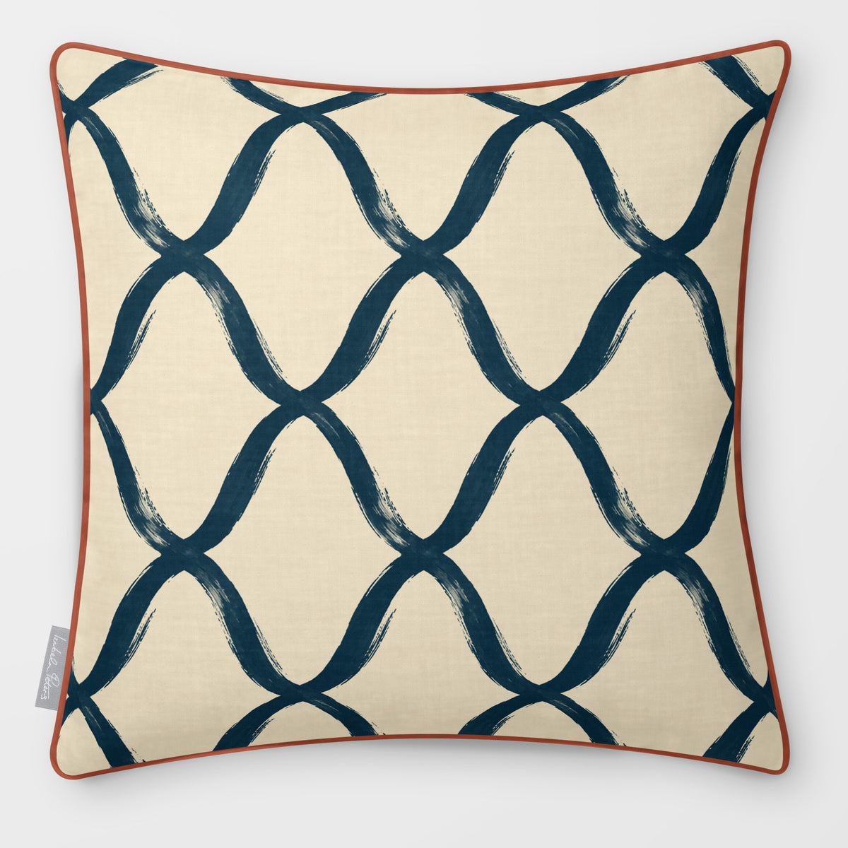 Palace Trellis Teal & Persimmon linen-look square cushion, piped, front view.