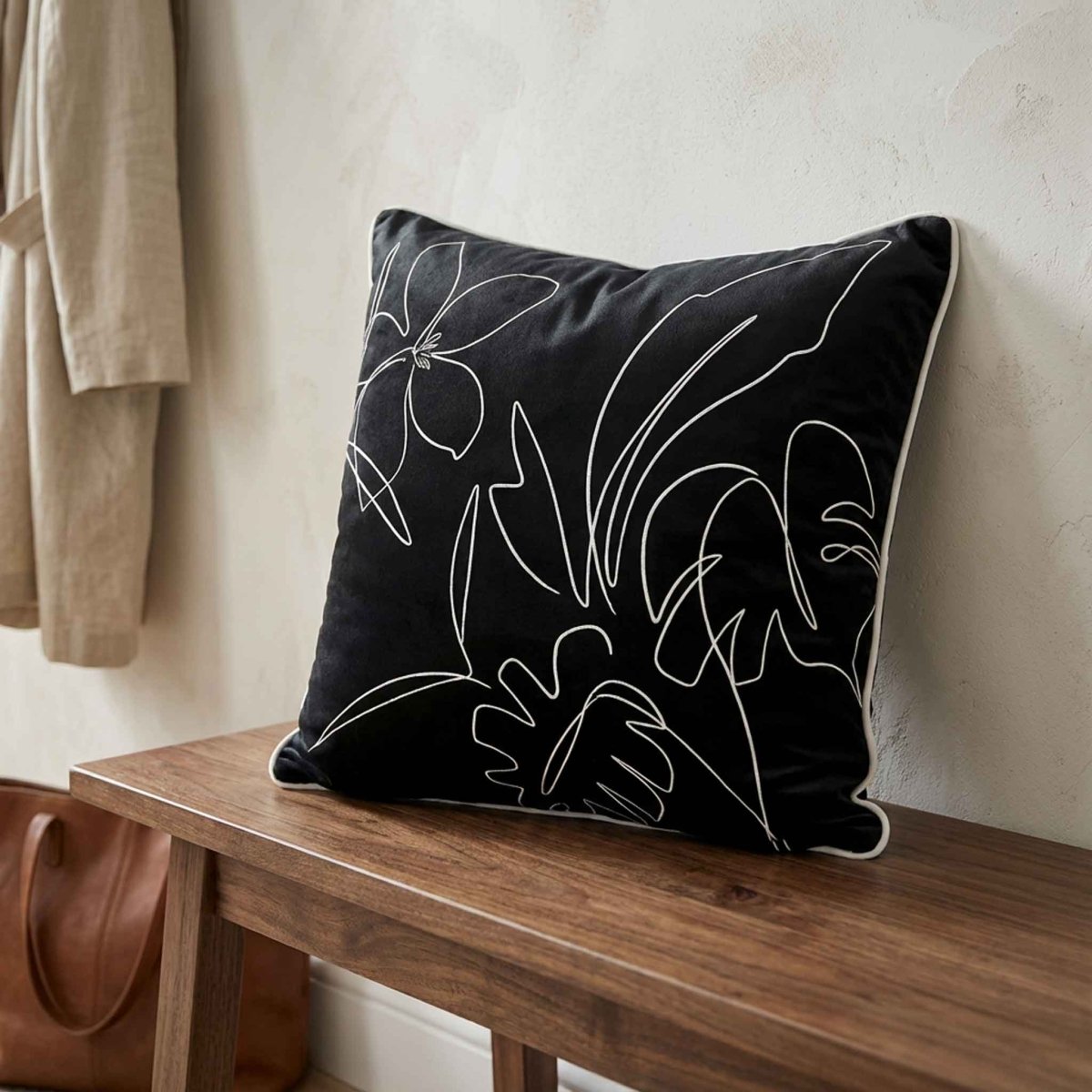 Palm and Leaves | Sustainable Velvet Cushion - Black & White 40 x 40 cm Piped by Izabela Peters