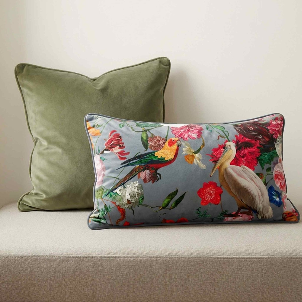 Peruvian Paradise | Sustainable Velvet Rectangle Cushion - French Grey 50 x 30 cm Piped by Izabela Peters