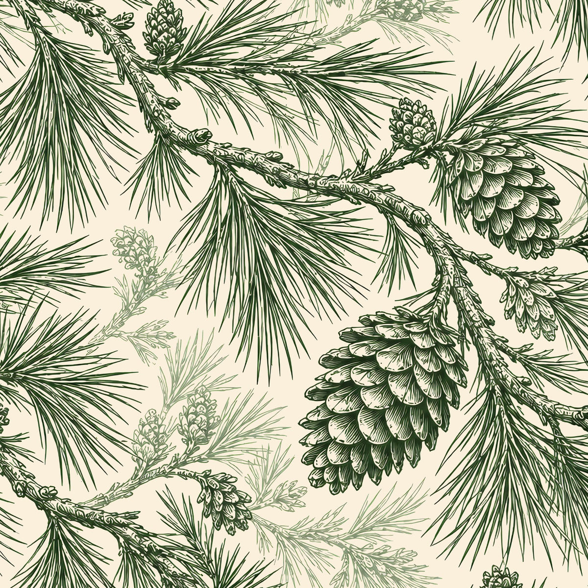 Pine Bough Christmas napkin print in green on ivory