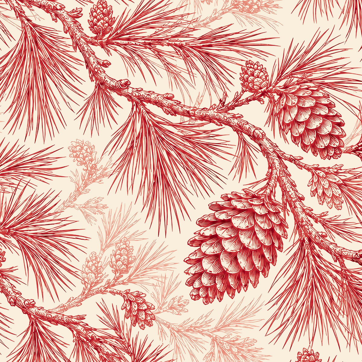 Pine Bough Christmas napkin print in red on ivory