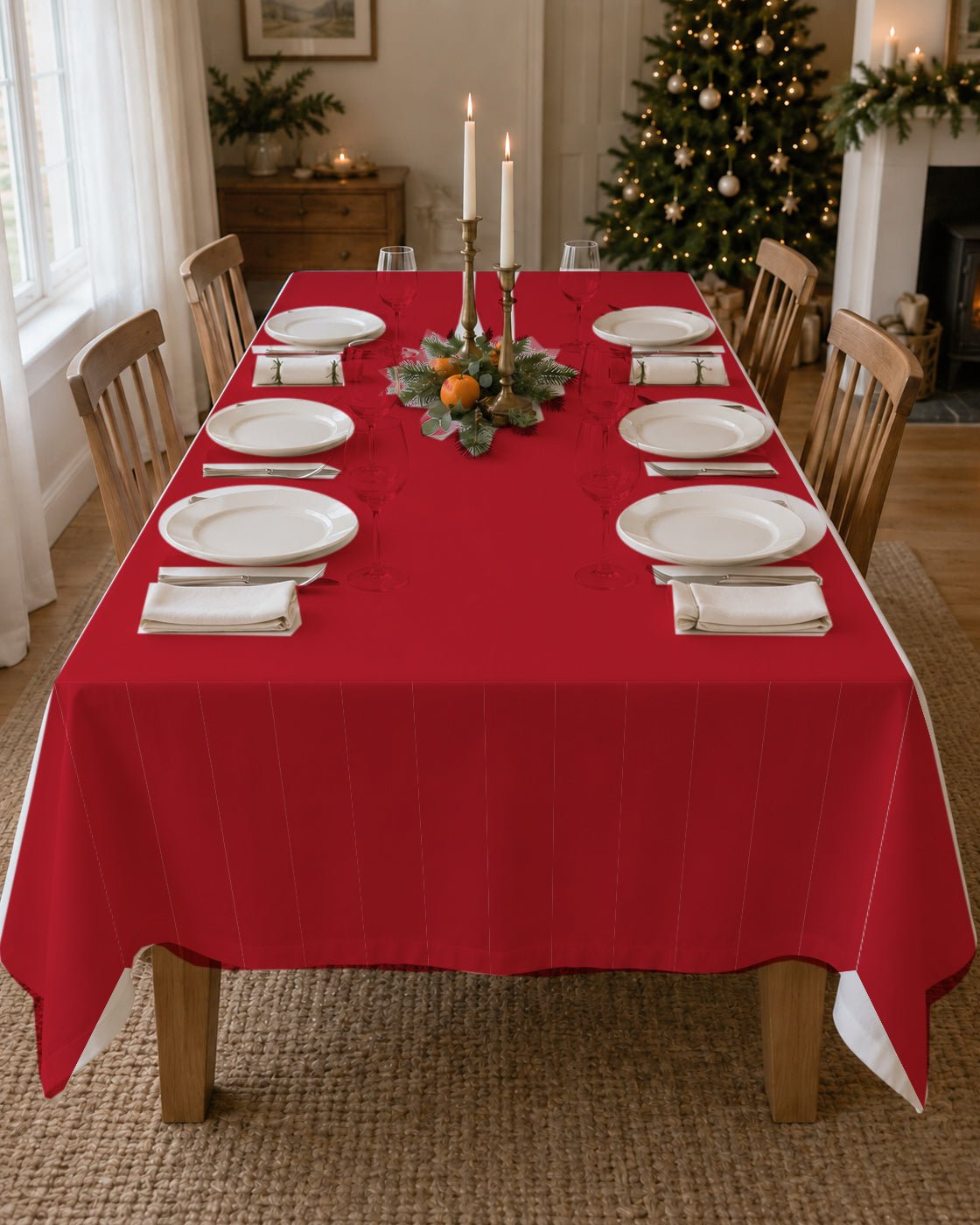 Plain red Christmas tablecloth on a laid table