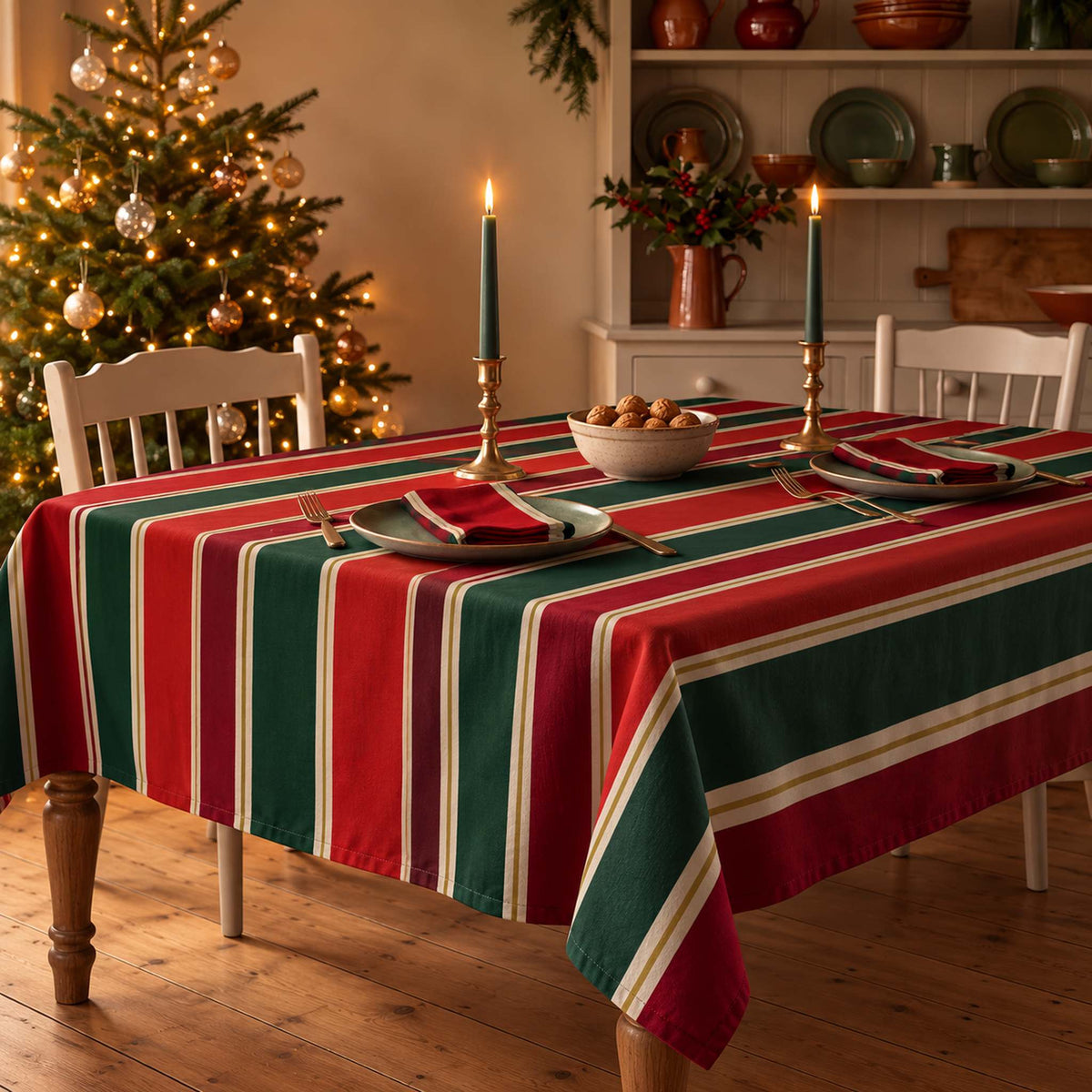 Red and green Signature Stripe Christmas tablecloth draped over a dining table with red napkins, pale green plates, candles and a small dish of walnuts.